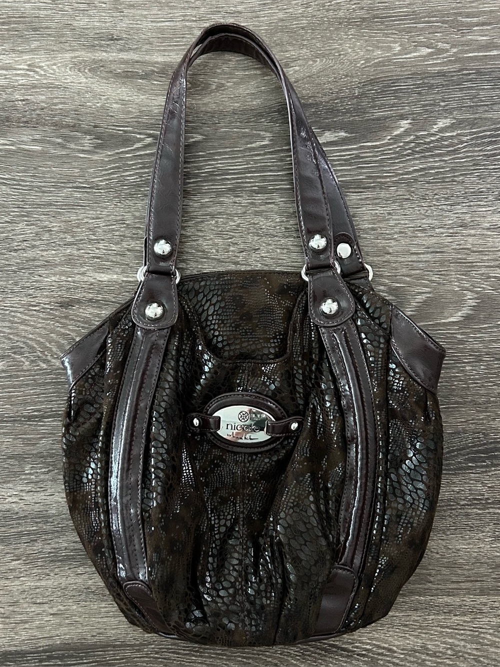 Y2K Nicole Miller Faux Snakeskin Hobo Shoulder Bag Animal Print Brown Glam Purse
